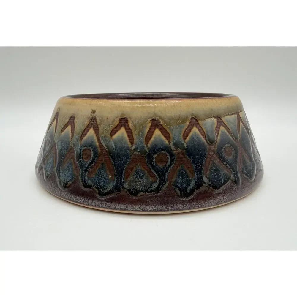 Michael Metz Art Pottery Drip Glaze Dog Cat Food Dishes 6” and 7” Pair Signed